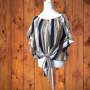 TYCHE Women's Medium Striped Short Bell Sleeve Tie Waist Pullover Blouse
